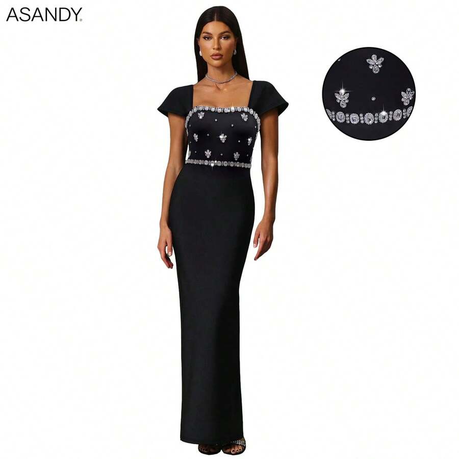 ASANDY 女士镶钻方领荷叶袖修身黑色连衣裙，闪亮晚礼服，展现迷人魅力 - 黑色 - 查看 1
