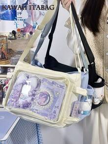 学院风软包斜挎包，女士透明痛包，女生返校礼物，大学生单肩包，带两个透明侧袋，日系可爱痛包，原宿风，带徽章展示板，手提包，斜挎包 - 白色 - 查看 1