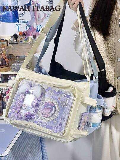 Preppy stil mjuka axelväskor för kvinnor genomskinliga Ita-väskor för flickor tillbaka till skolan present student axelväska med 2 sidofickor japanska kawaii Ita-väska harajuku med märken displayplatta handväskor axelväskor