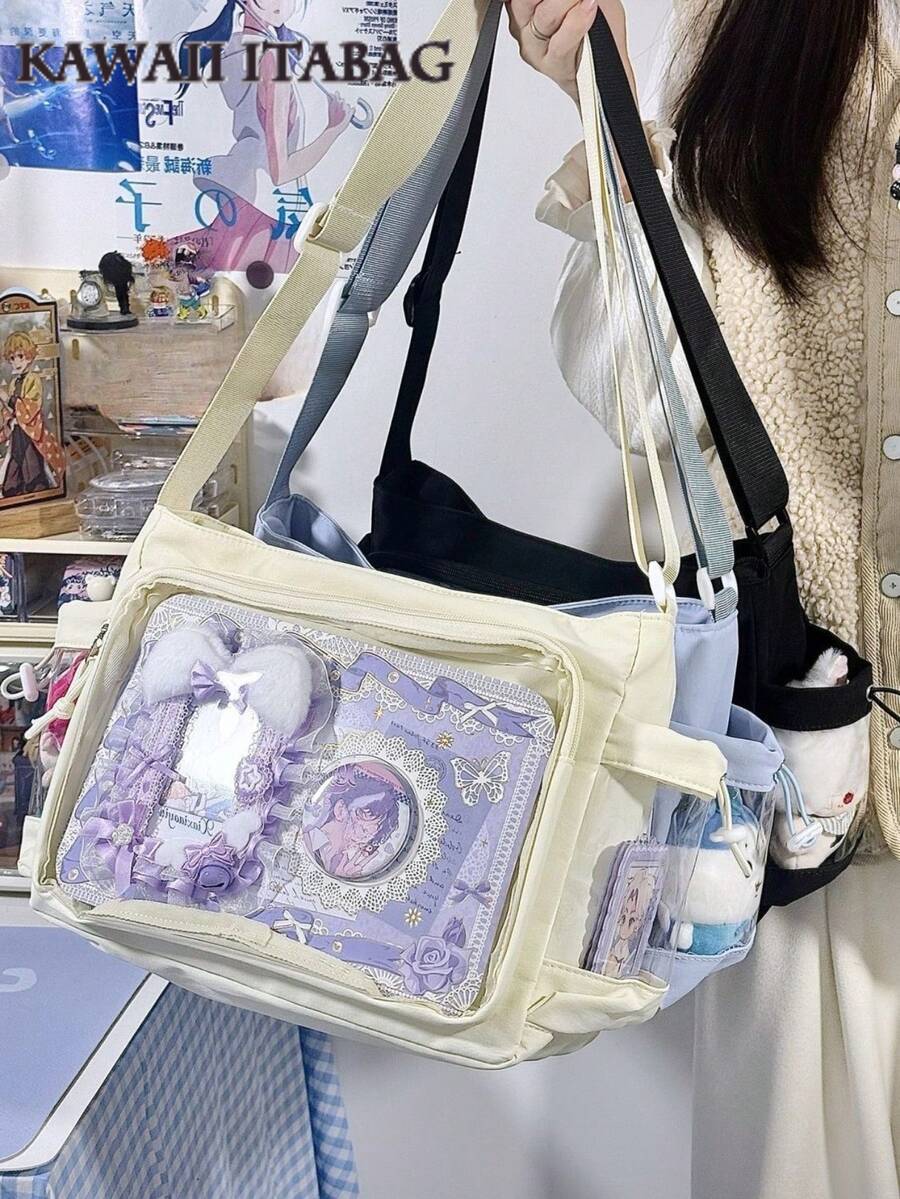 学院风软包斜挎包，女士透明痛包，女生返校礼物，大学生单肩包，带两个透明侧袋，日系可爱痛包，原宿风，带徽章展示板，手提包，斜挎包 - 白色 - 查看 1