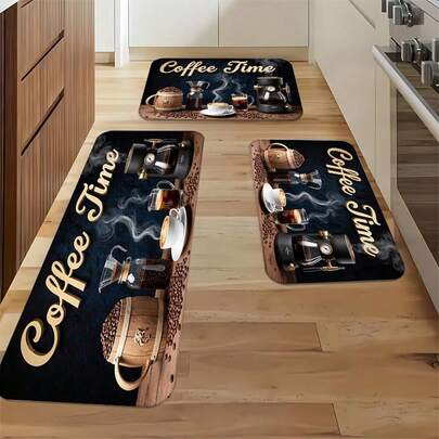 Coffee Pattern Kitchen Rug  | Lightweight, Soft, Durable Fleece Mats For Kitchen, Porch, Entryway, Bedroom, Decorative, Indoor, Dining Area, Bathroom, Laundry Room, Doorway | Polyester, Mach