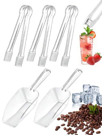 1pc/2pcs/4pcs/12pcs Transparent Plastic Ice Clip And Ice Scoop Set, Reusable Food Clip, Small Ice Tongs, Dessert Clip, Appetizer Clip, Salad Clip, Sugar Clip, Serrated Buffet Clip, Square Shovel With Handle, Ice Scoop, Multifunctional Kitchen Food Spoon, Grain Shovel, Coffee Bean Shovel, Flour Shovel, Cat And Dog Food Shovel