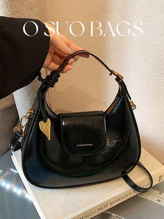 Enfärgad minimalistisk handväska med dragkedja, moderiktig halvmåneformad axelväska i konstläder, vinröd, perfekt nyårspresent, snygg vinröd väska