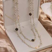 1pc Fully Rhinestone & Pearl Decor Long Necklace, Fashion Versatile Sweater Chain, Suitable For Dress, Suit, Party, Evening Wear - Multicolor - View 2