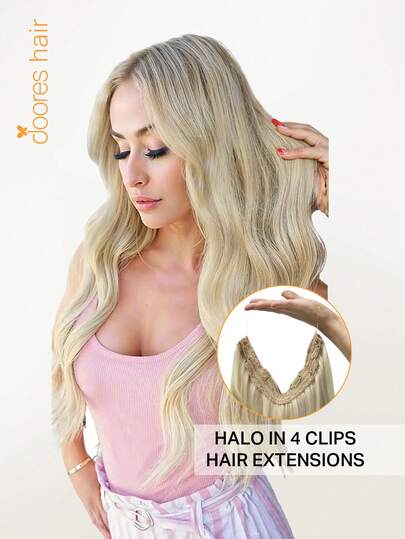 DOORES Hair Halo Hair Extensions Real Human Hair, 12-22 Inch 70-120g Invisible Wire Hair Extensions 100% Human Hair Ash Blonde To Blonde And Platinum Hair Halo Extensions For Women With Adjustable Clips And Secret Wire – Daily Use, Easy To Wear & Invisible For Winter, Christmas, Cosplay, Campus And Date Night