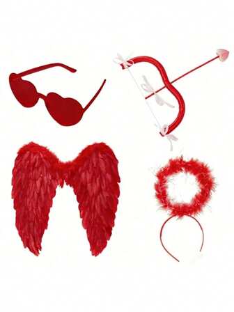 1/4 st Cupid-kostymrekvisita, kärleksguden röda fjädervingar, hjärtformade solglasögon, pil och båge, halo-huvudband, lämplig för högtidsevenemang, temafester, maskeradfotorekvisita
