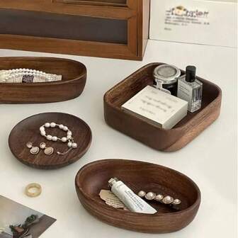 1pc Retro Rosewood Desktop Storage Box, Wooden Jewelry Display Tray, Entryway Key & Miscellaneous Organizer Plate