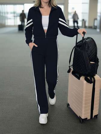 Avslappnad sportig stil, dammode för pendlare, bekväm lös lapptäcke i kontrastfärg med långärmad jacka och topp + randiga kontrastfärgade raka byxor i 2-delat set, lämplig för sport, pendling, vårsemester