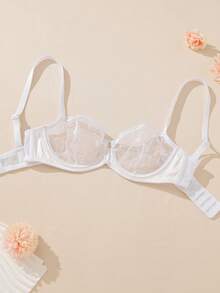WINGSLOVE 女士性感蕾丝刺绣无衬垫钢圈透明半罩杯文胸 - 白色 - 查看 7