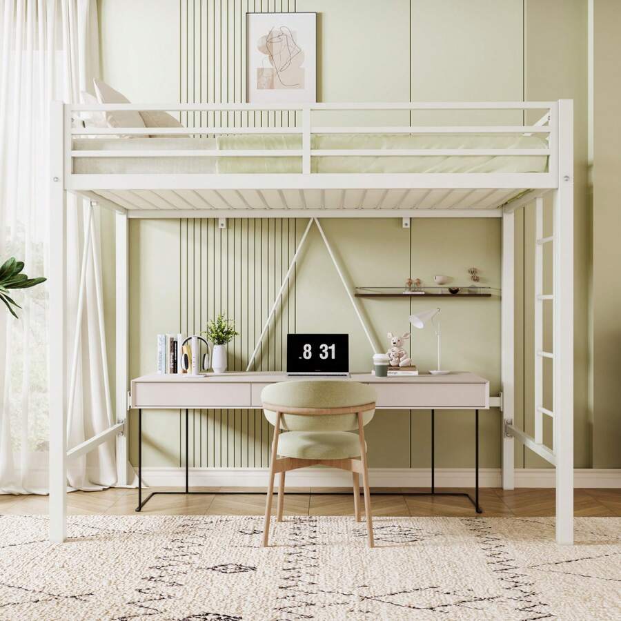 Allewie 72 Inches Tall Loft Bed Twin Size With Ladder And Safety Guardrail For Teens And Adults, Heavy Duty Metal Single Bunk Bed For Small Space, Noise Free, White - trắng - Xem 1