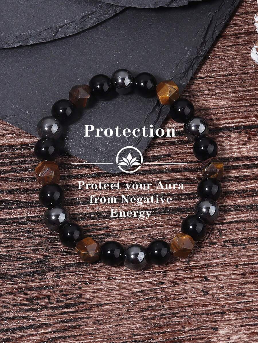 YAUKIA Brățară cu triplă protecție, ochi de tigru, hematit și turmalină neagră, brățară cu mărgele de 8 mm, echilibru vindecător pentru femei și bărbați - Multicolor - Vizualizare 1