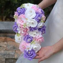 1件优雅浅紫色和粉色玫瑰金水晶瀑布新娘捧花，森系花果装饰，人造PE长泡沫玫瑰花束，永不凋谢，适用于新娘、伴娘、婚礼、情人节 PB1222B - 手捧花 - 查看 11