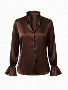 Blusa de mujer casual, suelta y elegante, de cuello alto, manga larga, versátil para uso diario y para ir al trabajo, con mangas acampanadas, abotonada, para primavera - Café integral - Ver 4