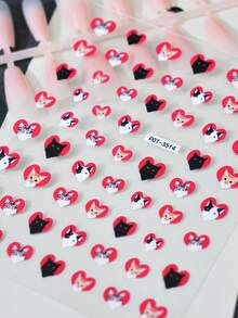 1片可爱猫咪浮雕美甲贴纸，自粘亮面美甲装饰，红色爱心图案，卡通主题，不对称形状，适合女性一次性DIY美甲沙龙用品美甲贴纸 - 彩色 - 查看 5