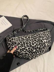 Tas Selempang Bulan Sabit Motif Leopard Kasual Modis untuk Komuter - Hitam - View 5