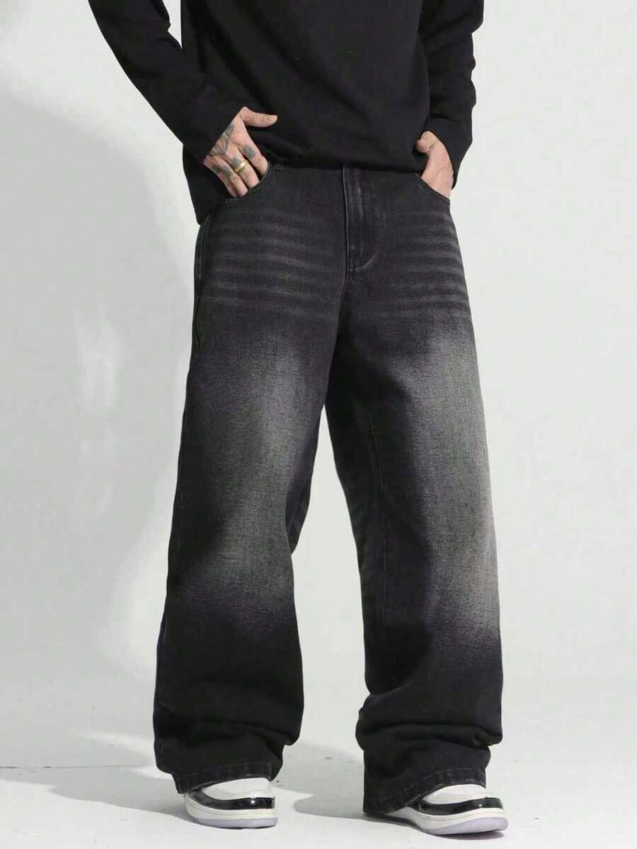 Teen Boy Vintage Washed Black Curved Leg Wide Leg Jeans - Black - View 1