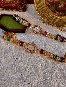 1pc New Luxury Colorful Gemstone & Crystal Inlaid Vintage Elegant Fashion Women's Watch, Oval Faux Pearl Dial, 30M Water Resistant, Suitable For Daily Wear, Parties, Vacations And Outings - Gold - View 3