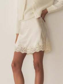 Women Lace Trim Satin Mini Skirt Y2k Lacy Skik A Line Half Silp Short Skirt Cute Low Rise Underskirt Extender Summer Going Out Club Skirts - Rượu sâm banh - Xem 6