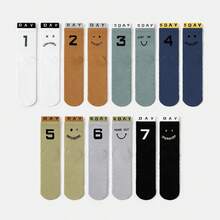 1/7 Pairs Unisex Couple Letter, Number, Smiling Face Pattern Personalized 7-Day Breathable Cotton Crew Socks, Suitable For Travel, Home, Office, Holiday Gifts - Multicolor - View 20