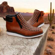 Botas vaqueras de estilo retro con cremallera lateral tejidas a mano en ratán, botas cortas casuales para hombres, botas planas versátiles, botas de cuero sencillas - Marrón - Ver 13