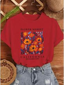 Women's Casual Crew Neck T-Shirt With Vibrant Floral Print, Basic Blouse, 100% Cotton - Đỏ - Xem 2