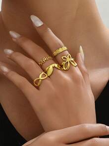 5pcs/Set Cincin Stainless Steel Berlapis Emas 18K Bentuk Bunga Lucu, Kupu-kupu, Telinga Kelinci, Dapat Diatur, Hadiah untuk Wanita - Butterfly - View 3