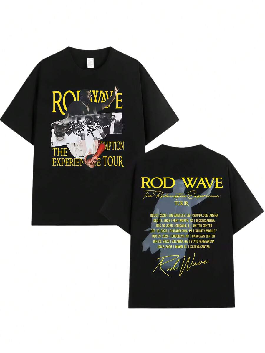 Rapper Rod Waves The Redemption Experience Tour T-Shirt Men's Clothing Hip Hop Casual Cotton Short Sleeves Oversized T Shirts - Black - View 1