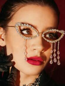 1个流苏水钻装饰眼镜框（不含镜片），时尚配饰，适合派对和街头风格 - 金色 - 查看 1