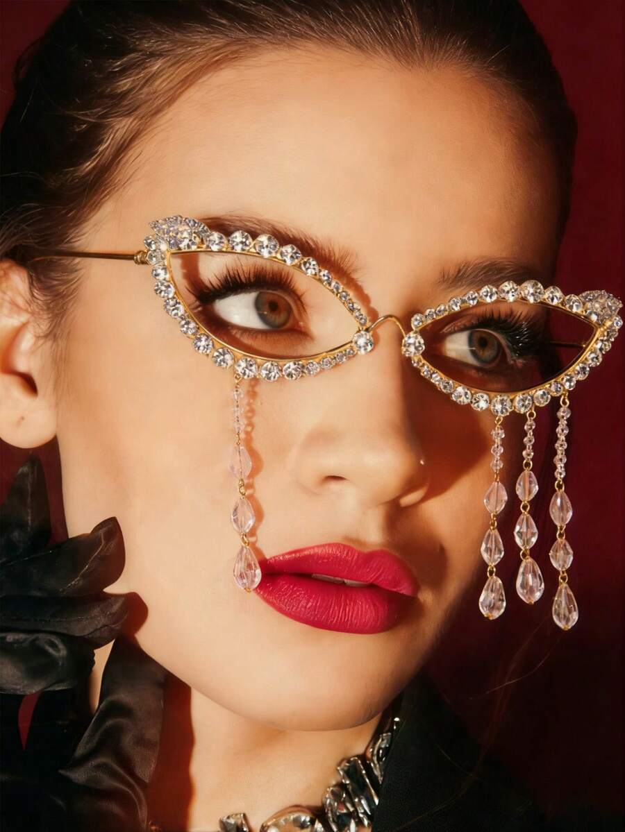 1个流苏水钻装饰眼镜框（不含镜片），时尚配饰，适合派对和街头风格 - 金色 - 查看 1