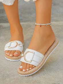 Plus Size D-Letter Metal Decor Fashion New Comfortable Lightweight Imitation Linen Rope Bottom Woven Bottom Women Low Heel Flat Sandals, Open Toe Slides, Black Sandals, Black Slippers, Suitable For Daily Indoor/Outdoor, Beach, Holiday, Elegant Beach Slippers, Black Shoes - White - View 4