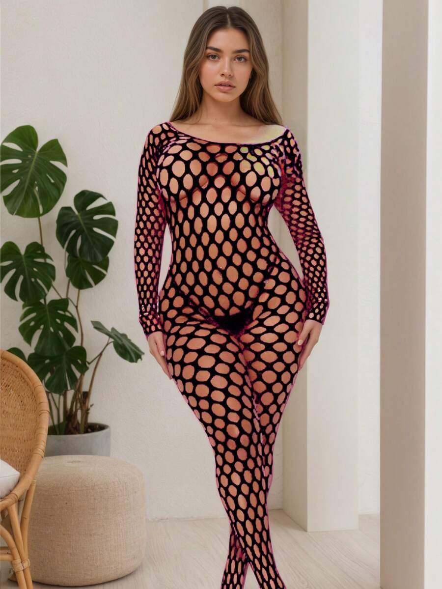 1 bộ đồ lót gợi cảm cỡ lớn dành cho nữ, áo liền thân lưới tay dài, áo bodysuit hở lưng, áo liền quần lưới, thích hợp cho những buổi hẹn hò lãng mạn và những đêm tiệc tùng. - màu đen - Xem 1