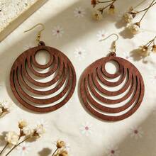 1 Pair Wireless Geometric Circle Wooden Pendant Earrings, Exaggerated Large Hoop Earrings - Brown - View 8