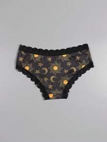 Dircho 5pcs Women's Mystic Print Briefs Set & Celestial & Mushroom & Deer Pattern & Black Lace Trim & Soft Fabric & Dark Tone Scheme & Daily Comfort Underwear & Enchanting Casual Style - Multicolor - View 5