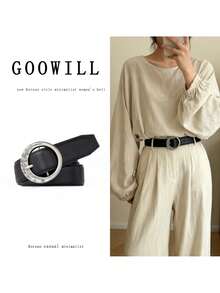 1 Piece, Black Leather Belt With Circular Metal Buckle, Minimalist Distressed Style Unisex Everyday All-Season Belt Accessory. - Multicolor - View 2