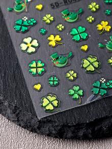 2pcs 5D Embossed Green Nail Art Stickers, Four-Leaf Clover & Love Bird Design, Sliding Style Nail Decals, Nail Art Supplies & Decorations - Multicolor - View 5