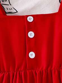 2pcs Baby Girl Outfit: Bow Tie Waist Button Back Camisole Top And Contrast Color Ruffle Trim Denim Shorts Set - Red - View 8