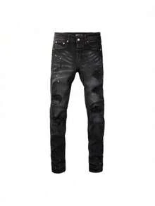 Los nuevos pantalones vaqueros para hombre de moda de la calle con elasticidad negro agujero agrietado Pantalón ajustado para hombre elegante y cómodo con cinturón aflojado, perfecto para el ocio y la ropa diaria - Negro - Ver 1