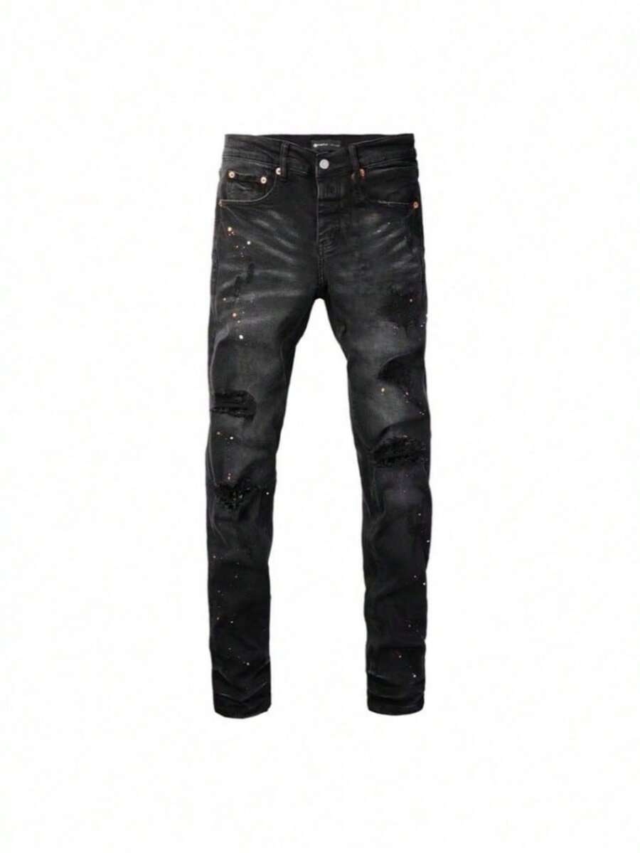 Los nuevos pantalones vaqueros para hombre de moda de la calle con elasticidad negro agujero agrietado Pantalón ajustado para hombre elegante y cómodo con cinturón aflojado, perfecto para el ocio y la ropa diaria - Negro - Ver 1
