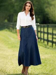 高弹力牛仔迷你裙，水洗深蓝色