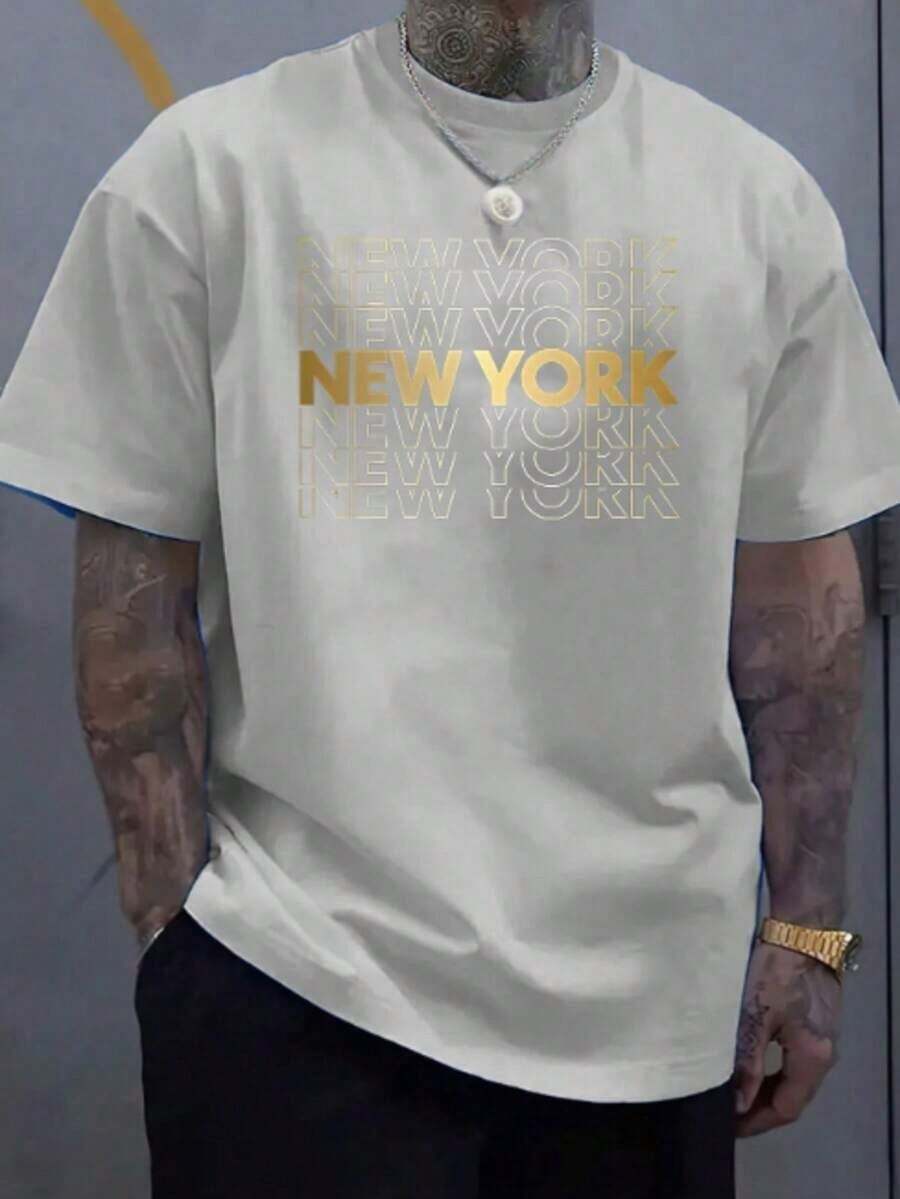 Camiseta Masculina New York DOURADO 100% Algodão MALHA 30.1 Blusa gola redonda - Cinza - Visão 1