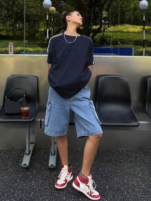1件少女户外休闲时尚撞色条纹短袖T恤，春夏秋季款 - 藏蓝色 - 查看 6