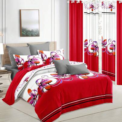 Reylox All Season Ultra Soft Floral 9PC Bamboo Microfiber Bedding Set Bedspread Curtains For Living Room Pillowcases Queen King Full Size Bedroom Dorm Home Decor Valentine's Day