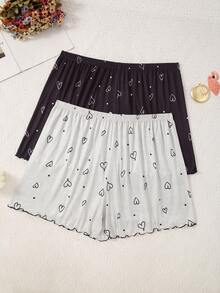 2pcs Plus Size Women Heart Print Knit Pajama Shorts - Multicolor - View 2