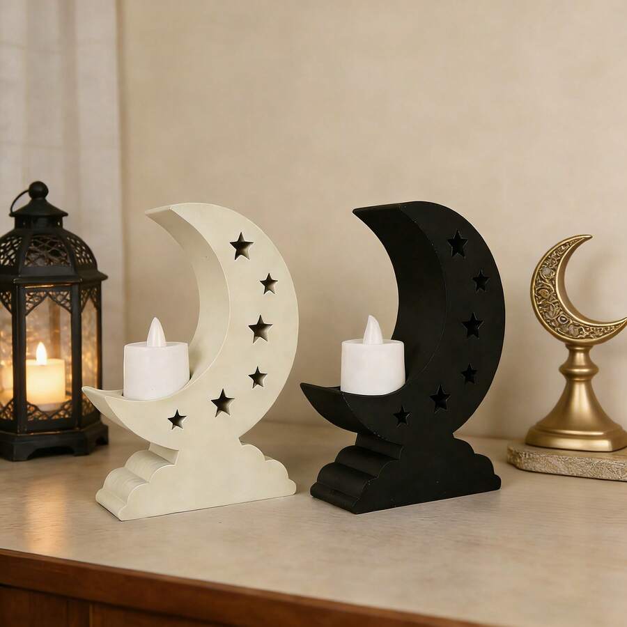 1pc Ramadan Crescent Moon Plastic Candle Holder, With Hollow Star Design And Cloud Base, Creates And Cozy Ramadan Atmosphere - Multicolor - View 1