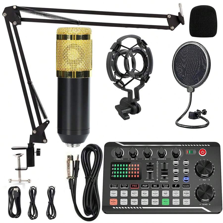 播客设备套装，包含一体式音频接口、实时声卡和BM800电容麦克风，适用于播客录制、广播、直播等场景。内置1200mAh可充电电池，兼容和安卓手机，是冬季假期、音频/视频录制、采访、游戏和直播的理想之选。迷你麦克风，满足您假期音频录制、视频录制、采访、游戏直播等各种需求。 - 黑色 - 查看 1