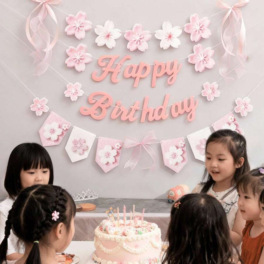 儿童男孩女孩粉色樱花生日派对装饰背景横幅蝴蝶结字母三角旗 - 彩色 - 查看 1