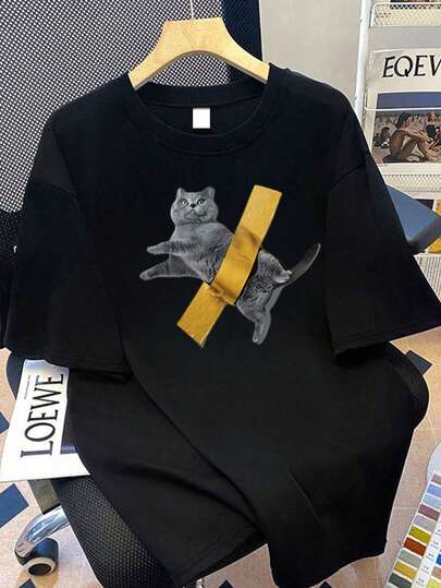 Camiseta de mujer talla grande con estampado de gato y cuello redondo, adecuada para vacaciones de verano, Día de San Valentín, regalo del Día de la Madre, apropiada para vacaciones de verano, playa, vacaciones, atuendo de primavera