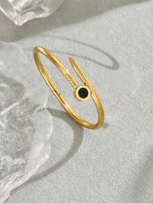 1pc Fashionable Roman Numerals Design Stainless Steel Bracelet, Nail Shaped Bracelet 18K Gold Plated, Valentine's Day Gifts,Mom,Mother,Mother's Day,Gift, Suitable For Daily Wear - Gold - View 2