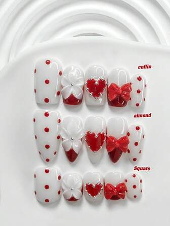 10Pcs Romantic Valentine's Day Handmade Nails Set,White Flowers,Bow Nail Decorations,White And Red Gel Nails,French Polka Dots Press-On Nail,Hand-Drawn Heart Pattern,Adorned Silver Steel Beads,3 Sizes Available, Almond Nails,Square Nails, Coffin Nails,Includes Tool Kit, Suitable For Sweet Women & Girls,Valentine's Day, Party,Daily Wear Supplies Nails