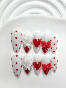 Bộ 10 món đồ trang trí móng tay thủ công lãng mạn ngày Valentine, bao gồm hoa trắng, nơ trang trí, móng gel đỏ trắng, móng giả chấm bi kiểu Pháp, họa tiết trái tim vẽ tay, điểm nhấn hạt bạc, 3 hình dạng móng: hạnh nhân, vuông, hình quan tài, kèm túi đựng dụng cụ, phù hợp cho phụ nữ và các cô gái ngọt ngào, ngày Valentine, tiệc tùng, phụ kiện làm móng hàng ngày. - Nhiều màu - Xem 15